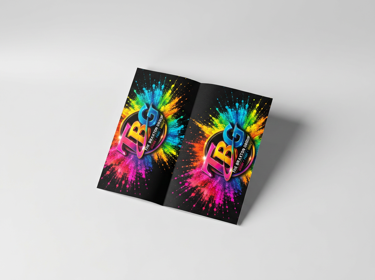 Bi-fold brochure opened on a table