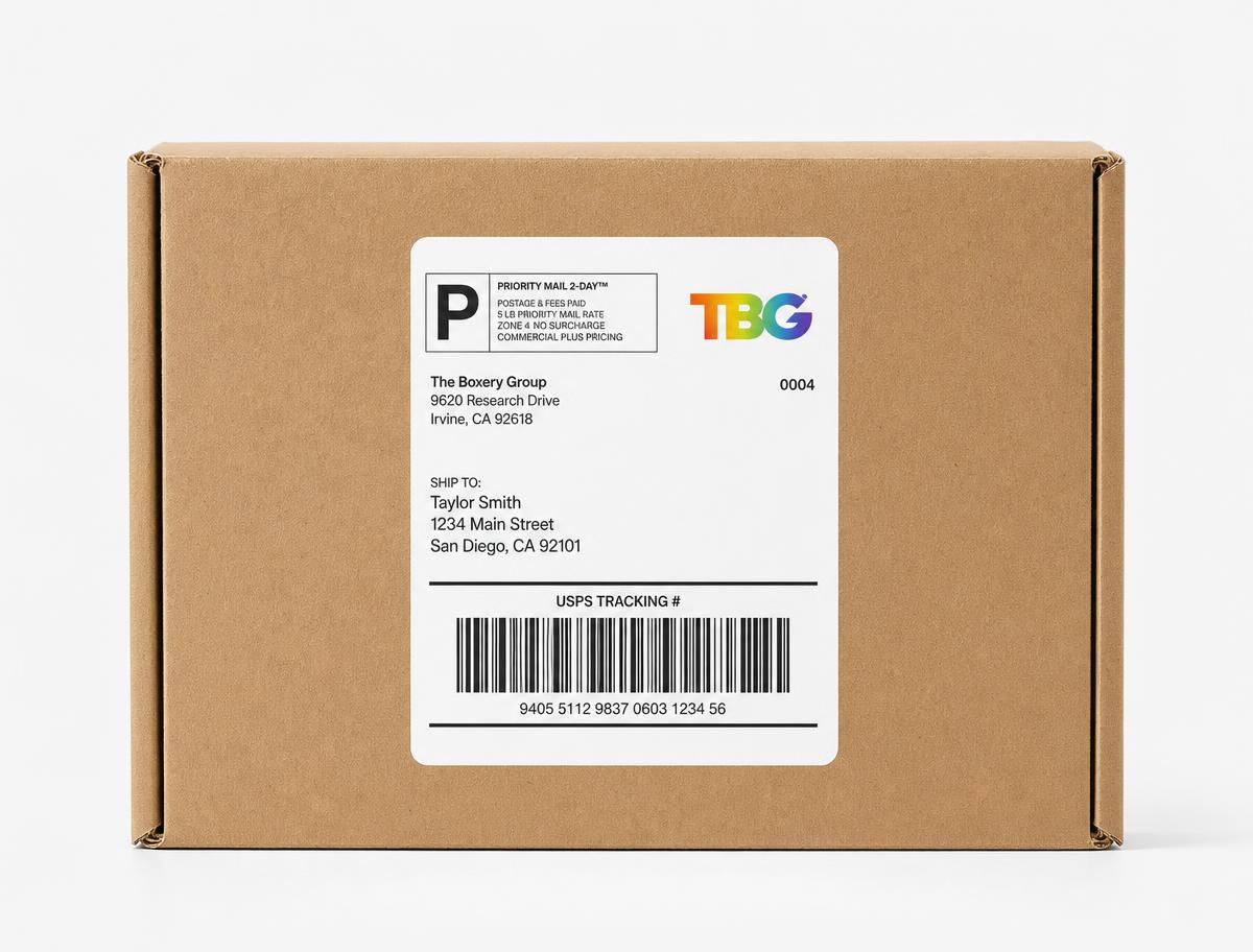 Shipping label applied to a cardboard box