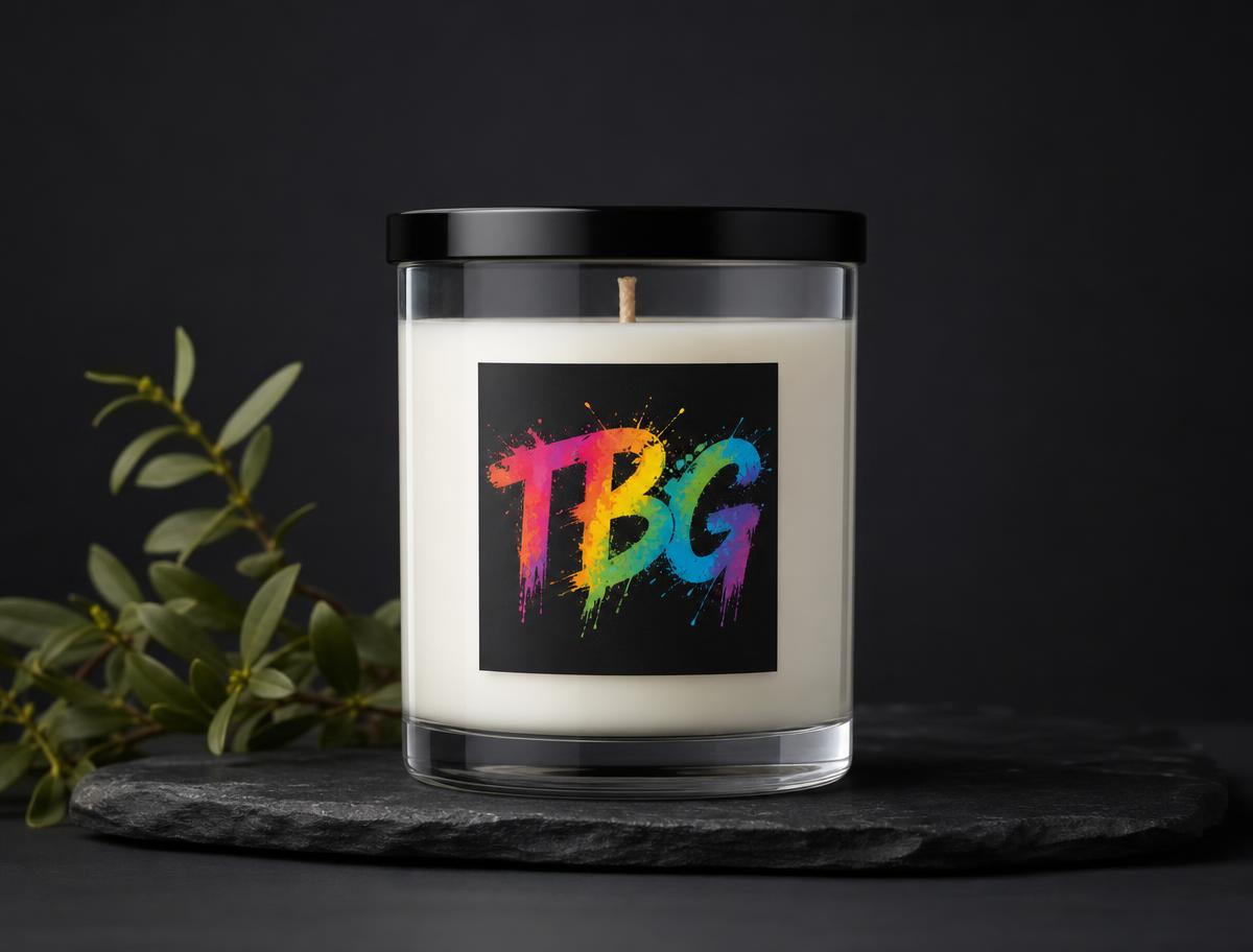 Square product label on a candle jar